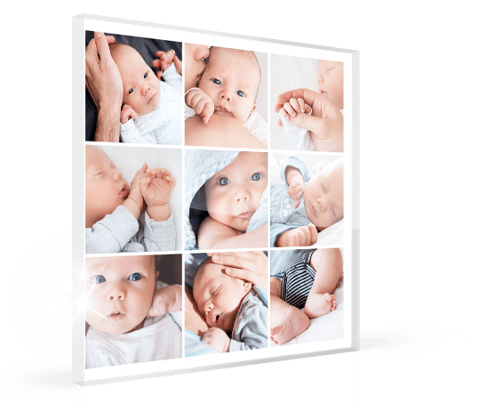 Fotocollage op plexiglas in perspectief met baby