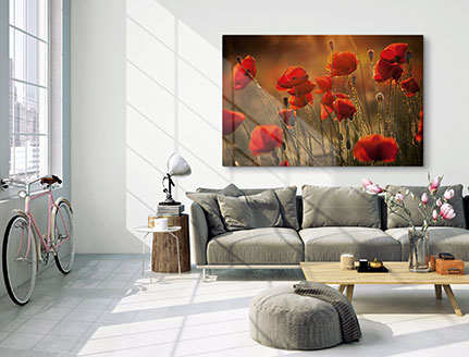 Woonkamer met foto canvas van bloemenweide